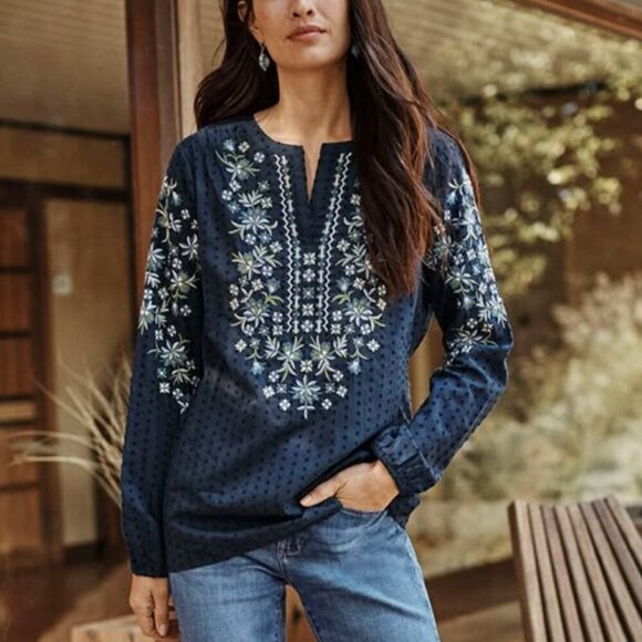 J. Jill Women's Size Medium Navy Blue Embroidered Floral Swiss Dot Boho Top - Picture 1 of 12